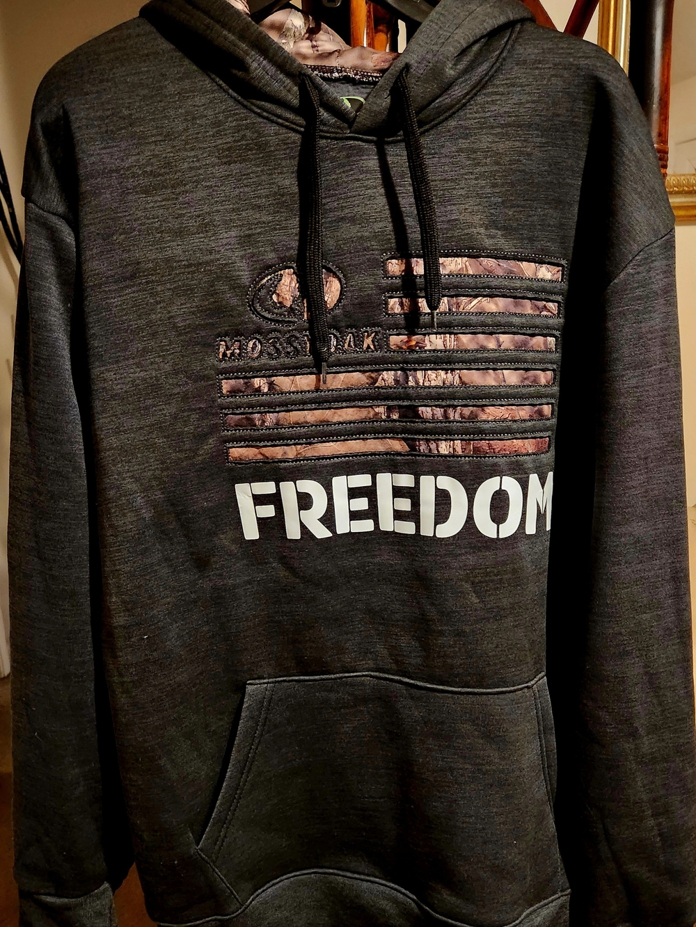Mossy Oak Charcoal Hoodie with Camo Flag and FREEDOM Print